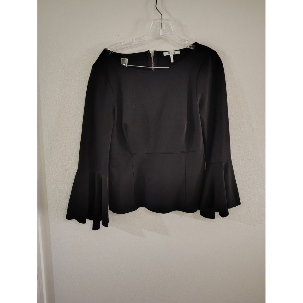 Three Dots Black Bell Sleeve Blouse Boat‎ Neck Exposed Back Zip Peplum Top Large